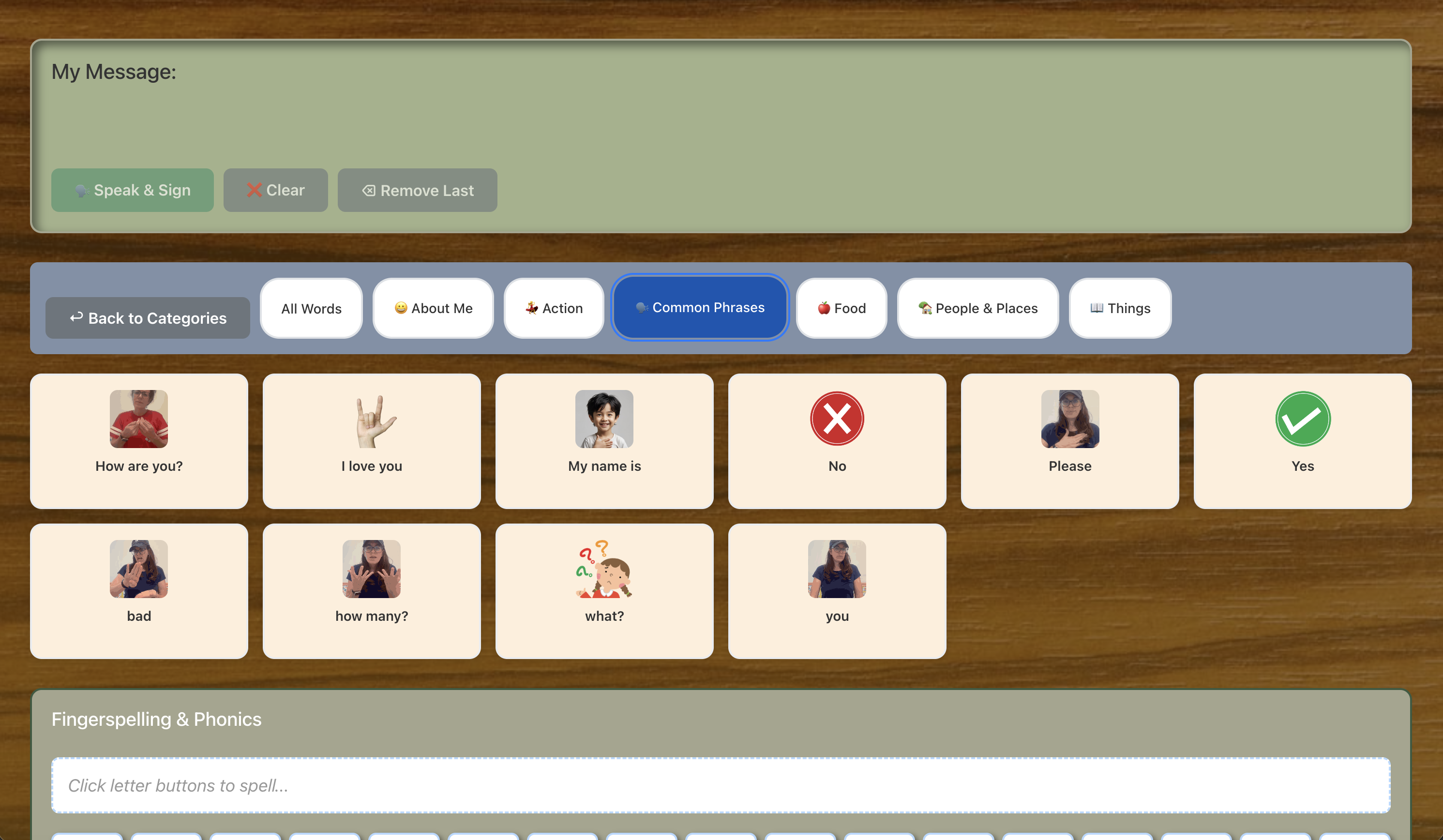 A screenshot of an online application with tiles with words and simple images on them. Some tiles have a person doing a sign language sign on them. The colors are calm, with wooden textures.